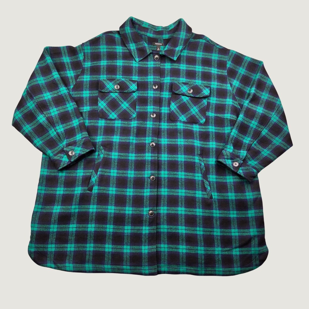 Torrid Women's 5X Plaid Flannel Shacket 100% Cotton Teal Black Shirt Jacket - Picture 2 of 12